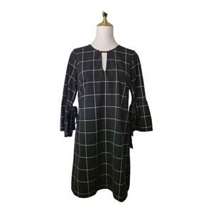 Waverly Grey Black White Windowpane Check Dress Size S Bell Sleeve Tie Cuff Usa‎